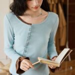 Blue knitted long sleeve t shirt, ruffle ege t shirt, flare sleeve t shirt, casual t shirt