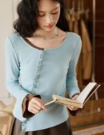 Blue knitted long sleeve t shirt, ruffle ege t shirt, flare sleeve t shirt, casual t shirt