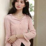 lace trim long sleeve pink t shirt, women’s pink long sleeve t shirt, cozy women’s winter tee, stylish pink t shirt