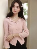 lace trim long sleeve pink t shirt, women’s pink long sleeve t shirt, cozy women’s winter tee, stylish pink t shirt