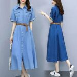 Retro denim midi dress, Korean style A-line dress, Ice silk denim dress, Short sleeve midi dress, Polo collar women’s dress