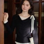 casual long sleeve t shirt, bow knot t shirt, stylish black t shirt, trendy black tee