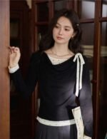 casual long sleeve t shirt, bow knot t shirt, stylish black t shirt, trendy black tee