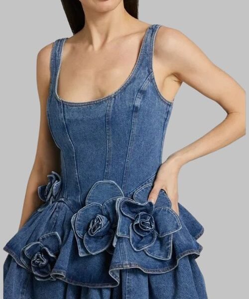 Sleeveless Denim Dress - Floral Mini Dress