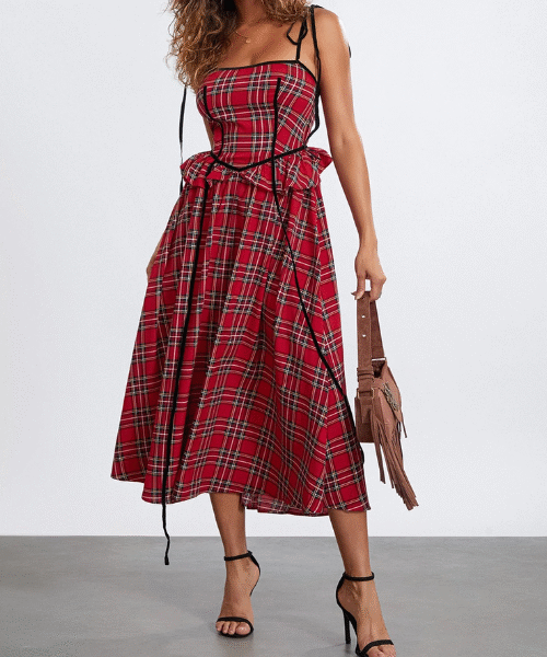 Women Christmas Plaid Dress - Long Ruffle Dress