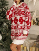 Women Holiday Dress, Christmas Sweater Dress Women, Christmas Women Dress, Long Sleeve Knitted Mini Dress, Festive Party Dress, Contrast Color Holiday Dress