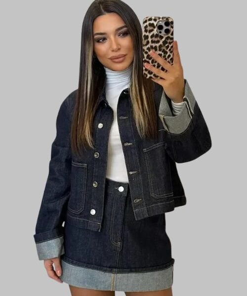 denim skirt and jacket set for women, patchwork denim mini skirt suit, ladies denim two piece outfit, women denim jacket and skirt combo
