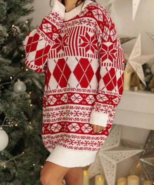 Women Holiday Dress, Christmas Sweater Dress Women, Christmas Women Dress, Long Sleeve Knitted Mini Dress, Festive Party Dress, Contrast Color Holiday Dress