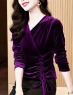 velvet v-neck top, long sleeve top, summer velvet top, casual v-neck top