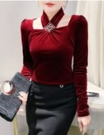 velvet halter top, long sleeve top, slim fit top, pullover top
