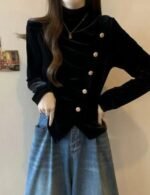 velvet top, high neck top, button up top, stylish velvet top, long sleeve top
