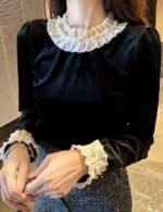 velvet top, lace patchwork top, long sleeve top, stylish velvet lace top, trendy velvet top for women