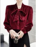 velvet top, red velvet top, bow tie top, long sleeve top, women's western wear