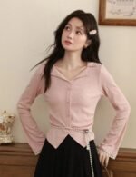 lace trim long sleeve pink t shirt, women’s pink long sleeve t shirt, cozy women’s winter tee, stylish pink t shirt