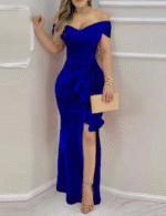 Women Royal Blue Off Shoulder Party Dress - Image 3