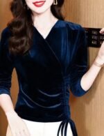 velvet v-neck top, long sleeve top, summer velvet top, casual v-neck top