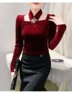 velvet halter top, long sleeve top, slim fit top, pullover top