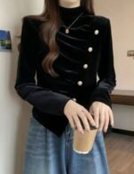 velvet top, high neck top, button up top, stylish velvet top, long sleeve top