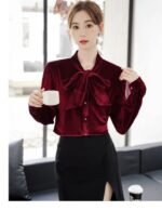 velvet top, red velvet top, bow tie top, long sleeve top, women's western wear