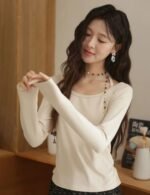 Women Long Sleeve Halter T Shirt, comfortable halter tee, long sleeve T shirt, women knitted t shirt