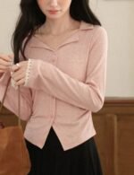 lace trim long sleeve pink t shirt, women’s pink long sleeve t shirt, cozy women’s winter tee, stylish pink t shirt