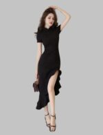 Black Cheongsam Dress - Qipao Fishtail Dress - Image 4