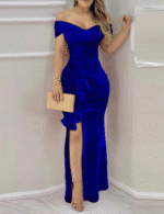 Women Royal Blue Off Shoulder Party Dress - Image 4