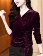 velvet v-neck top, long sleeve top, summer velvet top, casual v-neck top