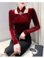 velvet halter top, long sleeve top, slim fit top, pullover top