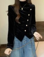 velvet top, high neck top, button up top, stylish velvet top, long sleeve top