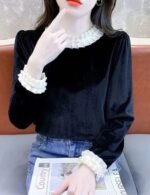 velvet top, lace patchwork top, long sleeve top, stylish velvet lace top, trendy velvet top for women