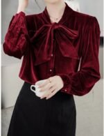 velvet top, red velvet top, bow tie top, long sleeve top, women's western wear