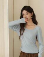 long sleeve halter t shirt, women knitted t shirt, stylish women tee, casual halter tee