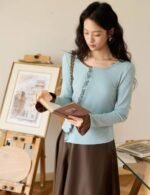 Blue knitted long sleeve t shirt, ruffle ege t shirt, flare sleeve t shirt, casual t shirt