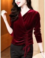 velvet v-neck top, long sleeve top, summer velvet top, casual v-neck top