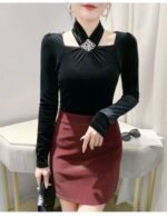 velvet halter top, long sleeve top, slim fit top, pullover top