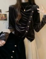 velvet top, high neck top, button up top, stylish velvet top, long sleeve top