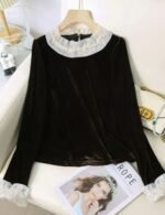 velvet top, lace patchwork top, long sleeve top, stylish velvet lace top, trendy velvet top for women