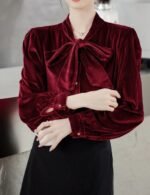 velvet top, red velvet top, bow tie top, long sleeve top, women's western wear
