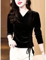 velvet v-neck top, long sleeve top, summer velvet top, casual v-neck top