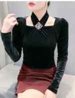 velvet halter top, long sleeve top, slim fit top, pullover top