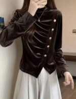 velvet top, high neck top, button up top, stylish velvet top, long sleeve top