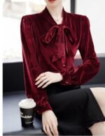 velvet top, red velvet top, bow tie top, long sleeve top, women's western wear