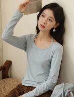 long sleeve halter t shirt, women knitted t shirt, stylish women tee, casual halter tee