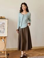 Blue knitted long sleeve t shirt, ruffle ege t shirt, flare sleeve t shirt, casual t shirt