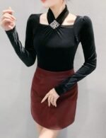 velvet halter top, long sleeve top, slim fit top, pullover top