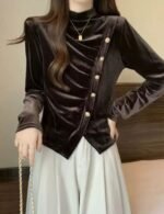 velvet top, high neck top, button up top, stylish velvet top, long sleeve top