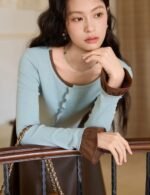 Blue knitted long sleeve t shirt, ruffle ege t shirt, flare sleeve t shirt, casual t shirt
