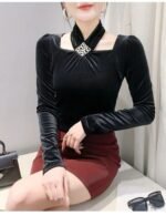 velvet halter top, long sleeve top, slim fit top, pullover top