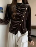 velvet top, high neck top, button up top, stylish velvet top, long sleeve top